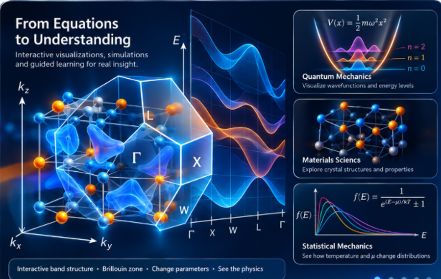From Equations to Understanding visualization featuring band structure, quantum mechanics, materials science and statistical mechanics